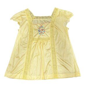 Vintage Sears Yellow Embroidered & Lace Trim Nylon Polyester Blouse Medium